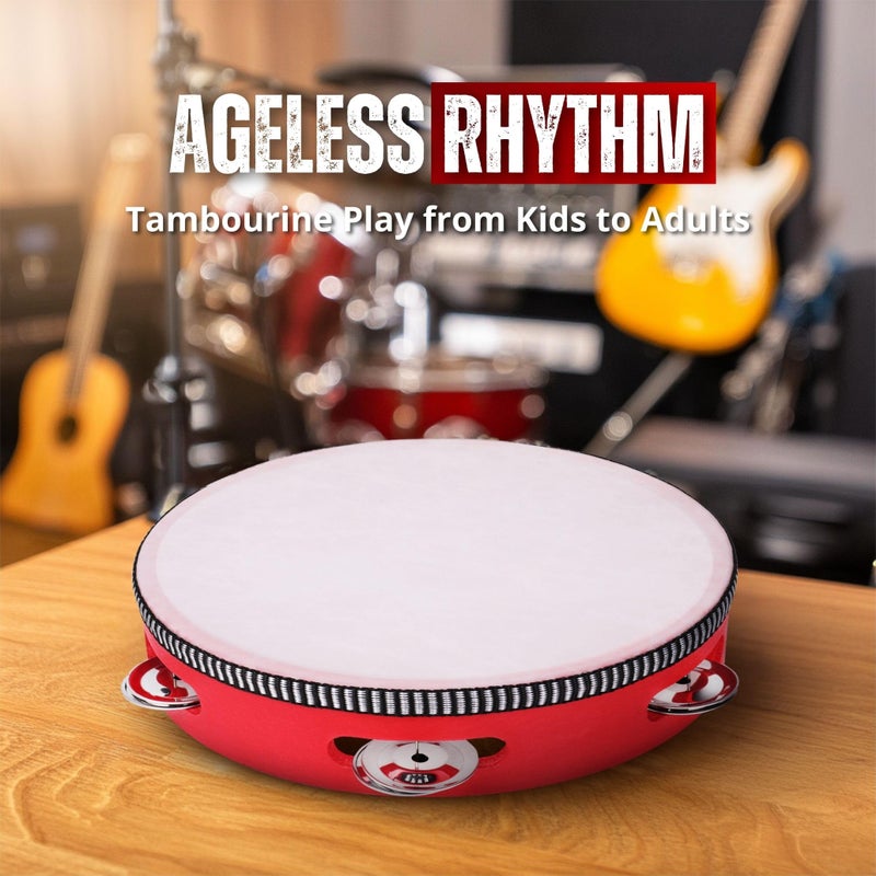 Flexzion Wooden Round Tambourine for Adults 8" Inch Single Row 8 Pair Jingles, Red Handheld Percussion Instrument for Beginner and Professional Tambourine Player - Image 4